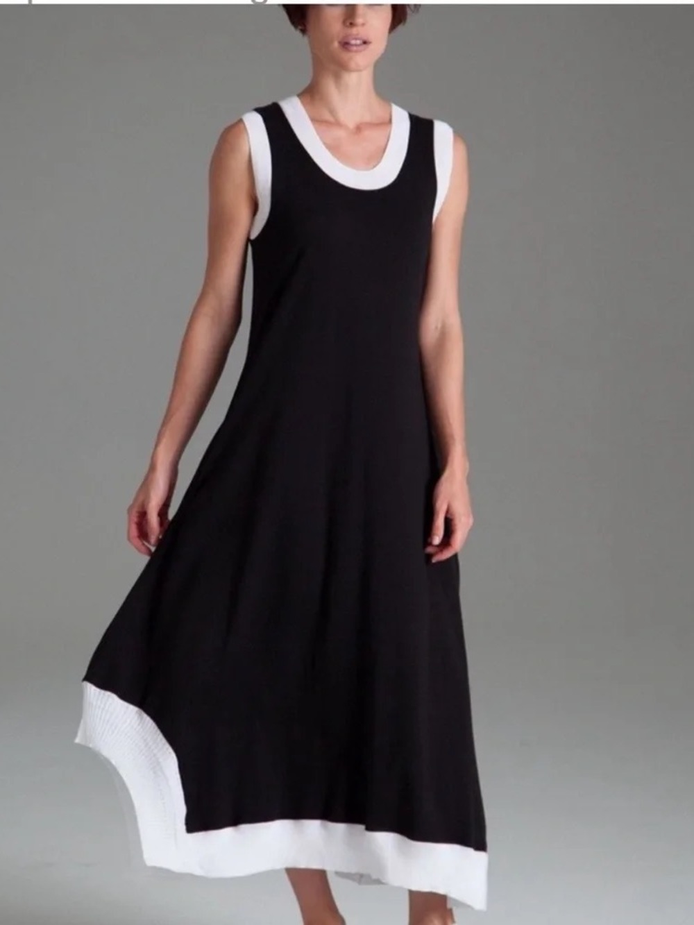 PLANET by Lauren G Black White Pima Cotton Asymmetrical Hem Maxi Dress